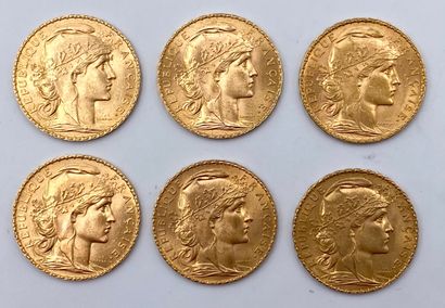  Lot de 6 Pièces de 20 Francs or : 
2 pièces de 20 Francs en or de type" Marianne...