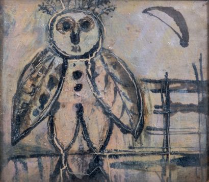 Slavko KOPAČ (1913-1995) Owl with the moon Oil and mixed media on canvas 10 x 11.5...