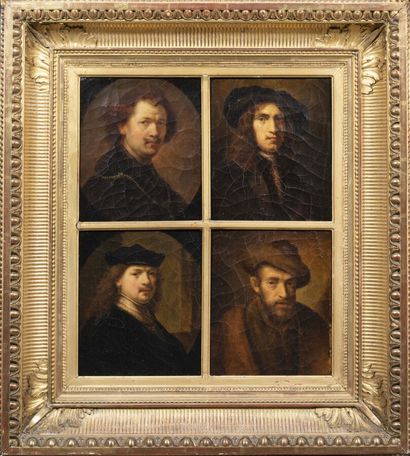  d'après REMBRANDT 
Quatre autoportraits dans un cadre à compartiments 
42 x 36 ...