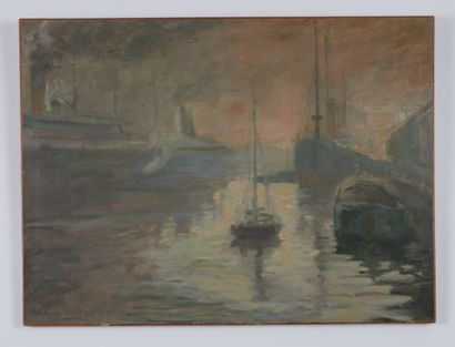  TARDIEU Victor (1870-1937) 
"Bateaux au port" 
Huile sur toile, signé en bas à gauche...