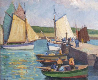  Edouard GUYONNET (1885-1980) 
Le départ de pêche à Concarneau 
Huile sur toile marouflée...