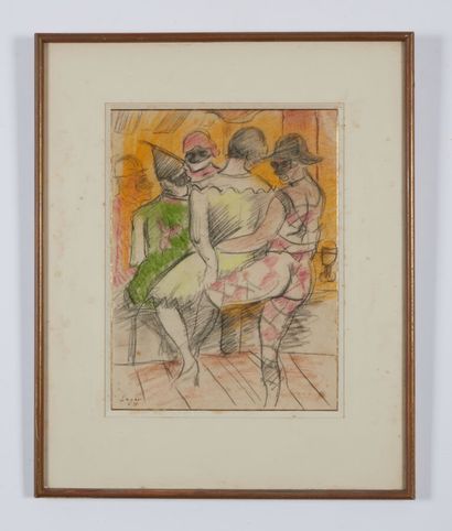  LAGAR Celso (1891-1966) 
"Bal masqué" 
Pastel et crayon noir, signé en bas à gauche...