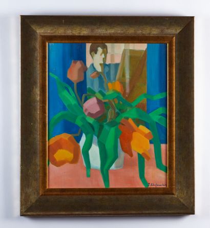  SCHUFFENECKER Jacques (1941-1996) 
"Autoportrait au bouquet de tulipes" 
Huile sur...
