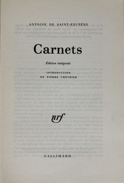  [De Saint-Exupèry Antoine:Carnet]Edité à Paris chez Gallimard. Broché,In8. Edition...