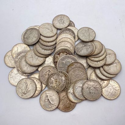 Lot de pièces de 1 franc en argent Semeuses...