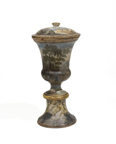 CASTELLI - Grand vase couvert sur pied, décor...