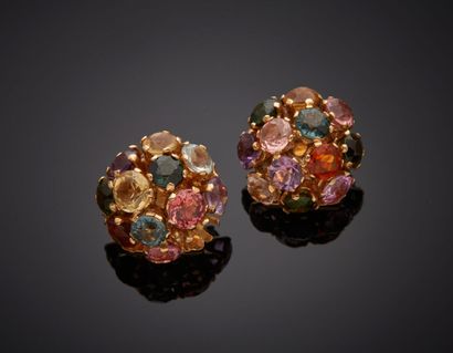  Pair of 14-karat rose gold (585‰) circular domed EAR CLIPS, openwork, set with multicolored...