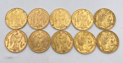 Ensemble de 10 pièces de 20 Francs or comprenant...