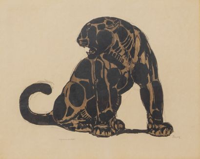  Paul JOUVE (1878-1973) 
Jaguar noir assis 
Lithographie originale en couleur. 
Epreuve...