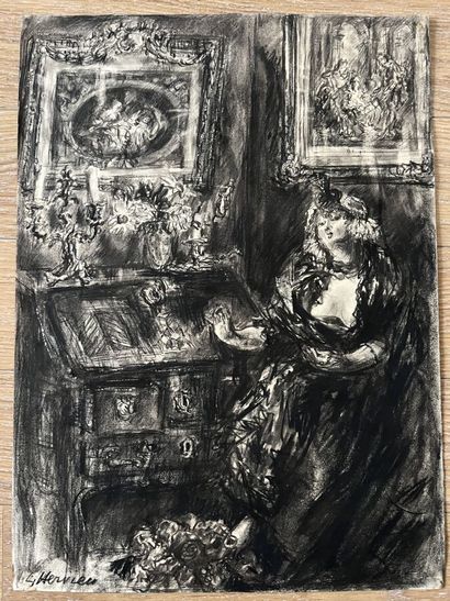  Louise HERVIEU (1878-1954) 
Femme assise dans un intérieur 
Fusain et grattage sur...