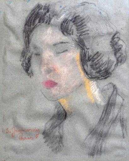  Sam GRANOWSKY (1889-1942) 
Portrait de femme, 
Crayons de couleurs sur papier, signé...