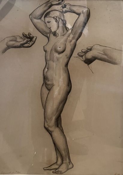  Emile AUBRY (1880-1964) 
Jugement de Paris 
Fusain et craie blanche sur papier,...