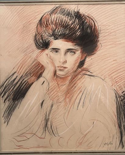  Paul César HELLEU (1859-1927) 
Portrait de femme 
Crayons de couleurs et craie blanche...