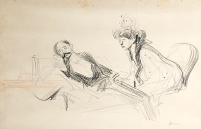  Jean-Louis FORAIN (1852-1931) 
La visite 
fusain, signé en bas à droite 
30 x 46...