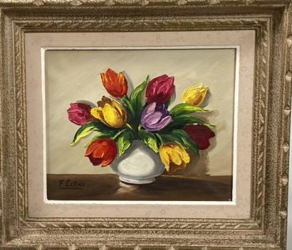 F. ECKER 
Vase de tulipes 
Huile sur toile,...