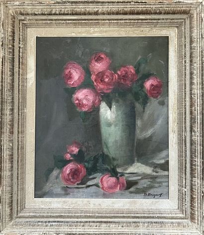 BERGERET 
Vase de roses 
Huile sur toile,...
