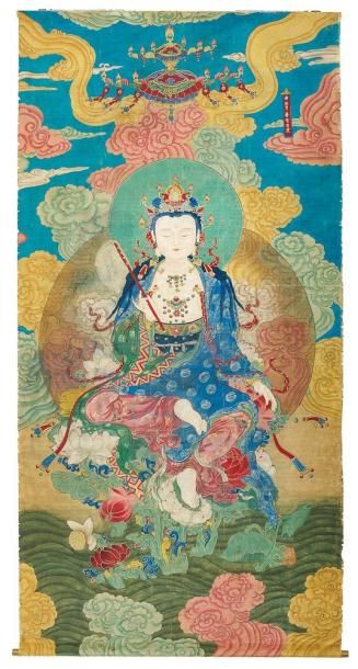 Peinture chinoise sur soie figurant un Bodhisattva...
