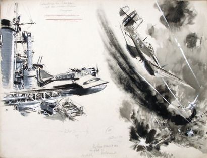  ALBERT BRENET (1903-2005) Nommé peintre de l'Air en 1936 « Catapultage d'un Gourdon...