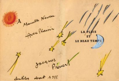Jacques PREVERT (1900-1977) LA PLUIE ET LE BEAU TEMPS Aquarelle sur une double page...