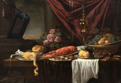 Ecole FLAMANDE du XVIIème siècle Nature morte au homard, citron, noix, corbeille...