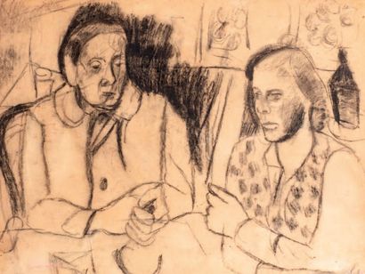 André LANSKOY (1902-1976) Deux personnages attablésFusain, signé en bas à gauche...