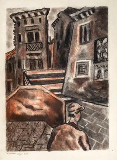 Henryk LEWENSZTADT (1893-1962) Les gondoles à Venise, 1930 Sanguine et fusain, signé,...