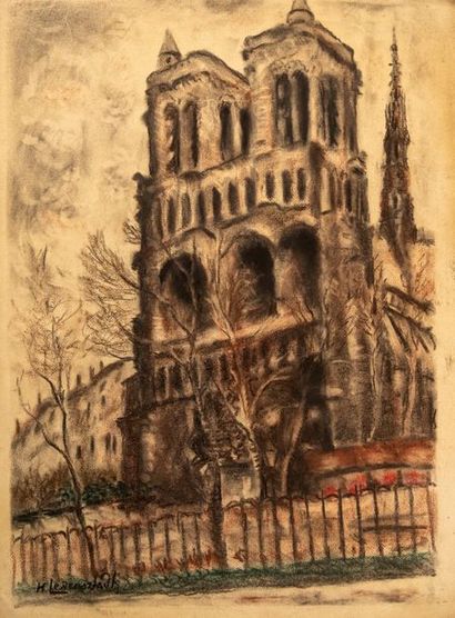 Henryk (Henry) LEWENSZTADT (1893-1962) La cathédrale Sanguine, fusain, craie de couleurs,...