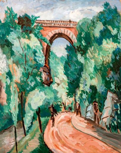 Henryk LEWENSZTADT (1893-1962) Paysage au pont Gouache sur carton 61 x 49,5 cm