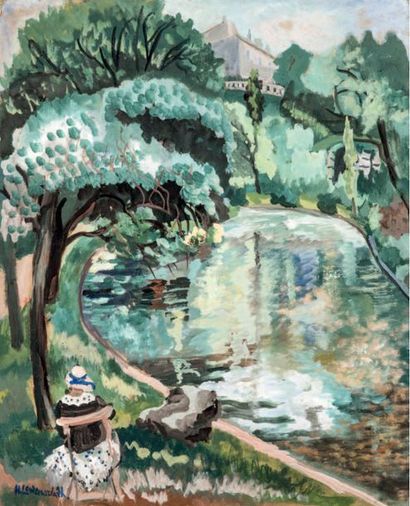 Henryk LEWENSZTADT (1893-1962) Jeune femme assise au bord de la rivière Gouache sur...