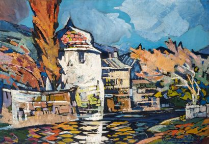 Raoul Van MALDERE (1875-1947) Paysage fluvial Huile sur toile, signée an bas à droite...