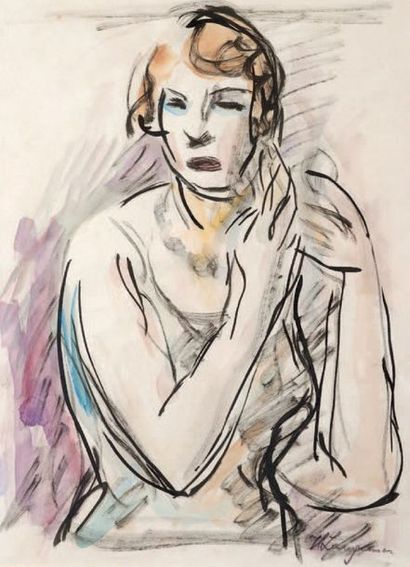 Henryk LANGERMAN (1896-1944) Jeune femme se poudrant le nez Encre et aquarelle sur...