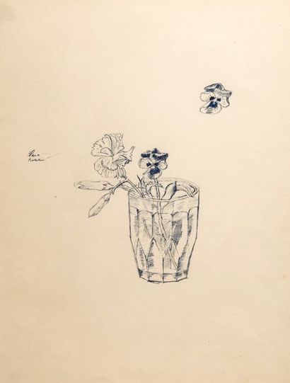 Kiyoshi Hasegawa (1891-1980) Fleurs dans un verre, 1931 Encre noire et bleue sur...