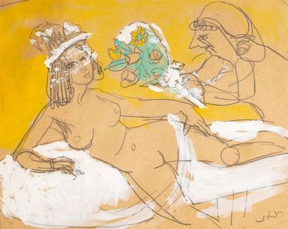 Vasyl KHMELUK (1903-1986) Olympia (d'après Manet) Crayon et gouache sur papier, monogrammé...