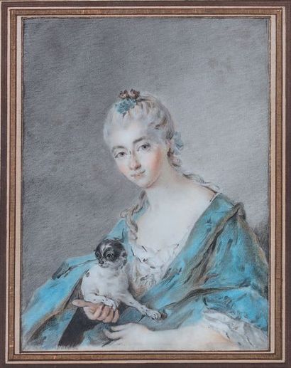 École FRANÇAISE du XVIIIème siècle: 
PORTRAIT OF A WOMAN IN A BUST WITH HER DOG.
Pastel...