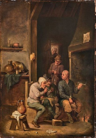 Entourage d'Adriaen Van OSTADE (1610-1685): 
MEETING OF SMOKERS IN A CABARET.
Oil...