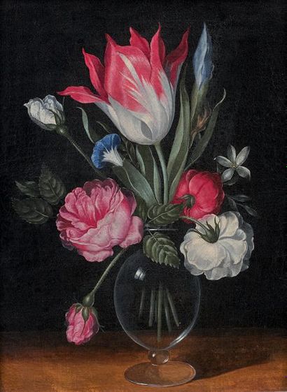 Suiveur de Daniels SEGHERS (1590-1661): 
BOUQUET OF FLOWERS IN A CRYSTAL VASE.
Oil...