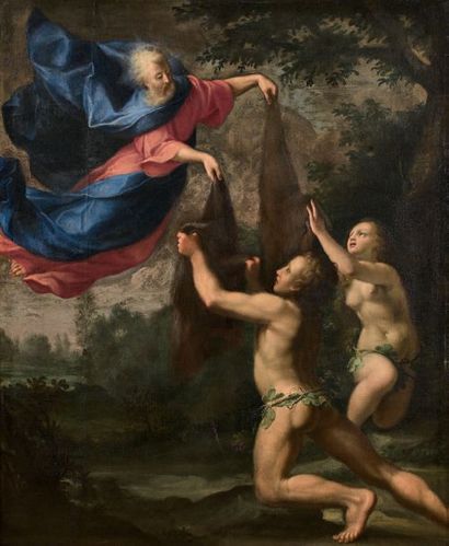 Ecole Flamande du XVIIème siècle: 
ADAM AND EVE DISCOVERING THEIR NUDITY.
Oil on...