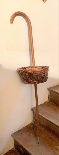 Wooden mushroom cane, with a wicker basket...