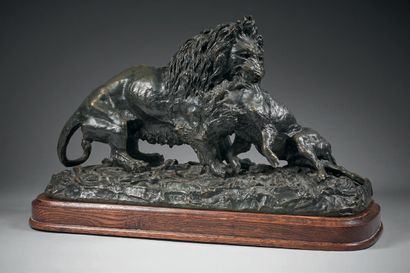 Christophe FRATIN (1801-1864) attribué à : LION TRAÎNANT UN SANGLIER.
Bronze à patine...