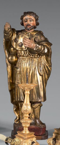 null Grande statue de Saint Jacques en bois sculpté et doré, rehaussé de polychromie...