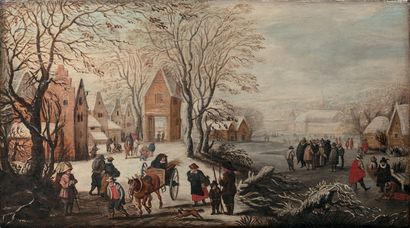 Atelier de Salomon ROMBOUTS (1652-1702) : PAYSAGE D'HIVER ANIMÉ DE PERSONNAGE.
Huile...