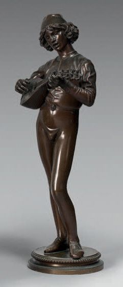 Paul DUBOIS (1829-1905) : MÉNESTREL À LA MANDOLINE.
Sculpture en bronze à patine...