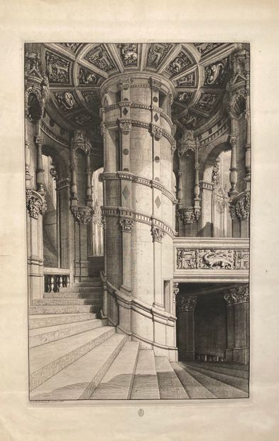 Octave de ROCHEBRUNE (1824-1900): - STAIRCASE OF CHAMBORD. 
 Etching, signed lower...