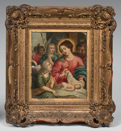 École HOLLANDAISE du XVIIe siècle : HOLY FAMILY SURROUNDED BY ANGELS. Oil on copper....