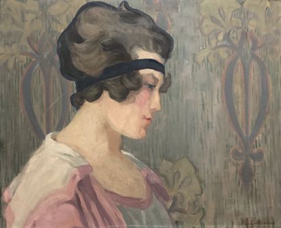 Alice GUINEPIED (1880-1949) : PORTRAIT DE FEMME AU BANDEAU. Huile sur toile, signée...
