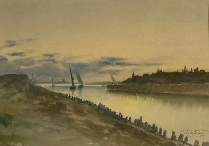 Gaston ROULLET (1847-1925) : IN MARTIGUES, SUNSET. Watercolor, signed lower right,...