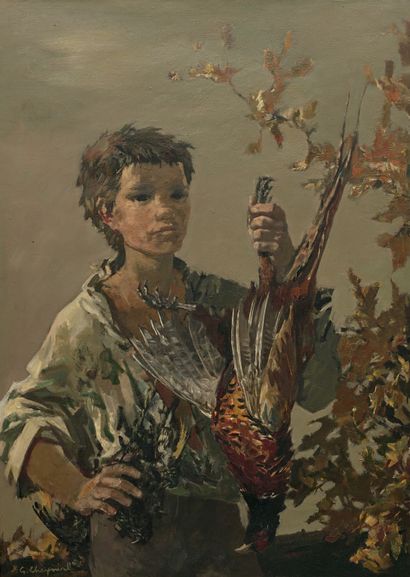 Georges CHEYSSIAL (1907-1997) : YOUNG HUNTER WITH A PHEASANT. 
Oil on canvas, signed...