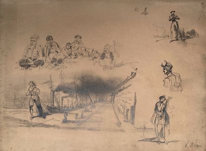 Victor ADAM (1801-1866) : Cinq études de personnages, scènes animées, port, militaires....