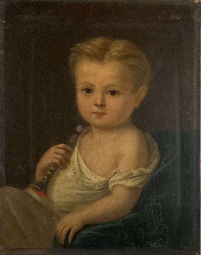 Ecole française du XIXe siècle : YOUNG CHILD WITH A PIPE. Oil on panel. In a gilded...