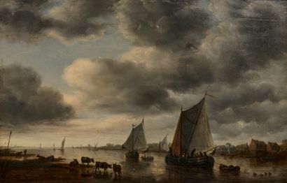 École HOLLANDAISE du XVIIIe siècle : TWO LARGE BOATS WITH SAILS AND CATTLE ON THE...